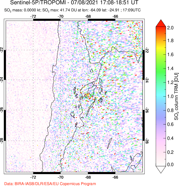 A sulfur dioxide image over Northern Chile on Jul 08, 2021.