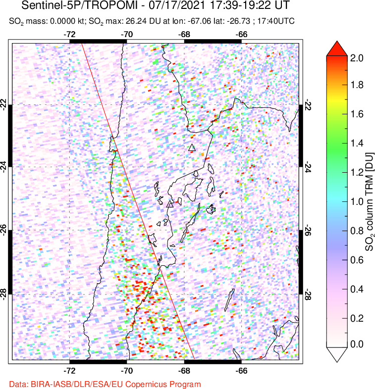 A sulfur dioxide image over Northern Chile on Jul 17, 2021.