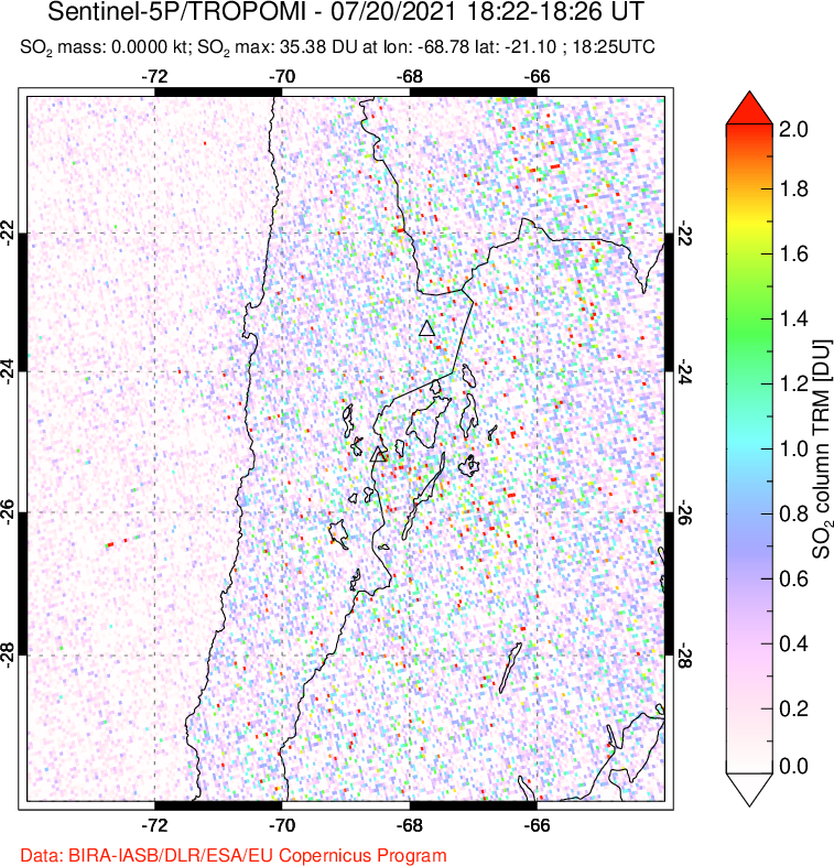 A sulfur dioxide image over Northern Chile on Jul 20, 2021.
