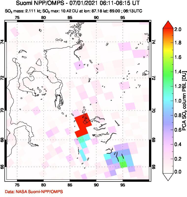A sulfur dioxide image over Norilsk, Russian Federation on Jul 01, 2021.