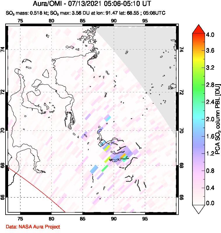 A sulfur dioxide image over Norilsk, Russian Federation on Jul 13, 2021.