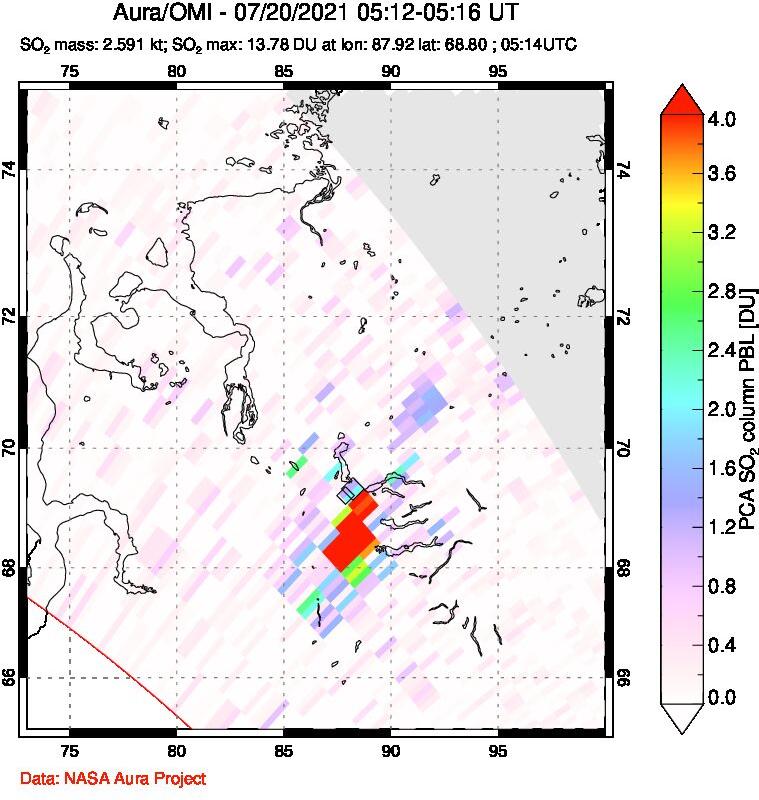 A sulfur dioxide image over Norilsk, Russian Federation on Jul 20, 2021.
