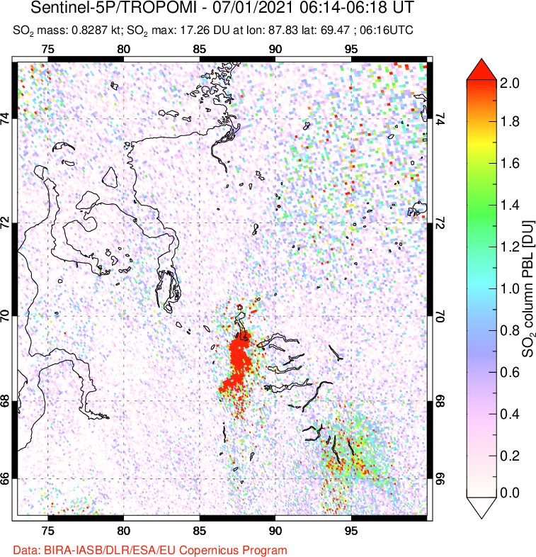A sulfur dioxide image over Norilsk, Russian Federation on Jul 01, 2021.