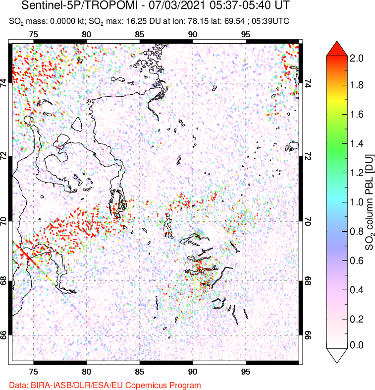 A sulfur dioxide image over Norilsk, Russian Federation on Jul 03, 2021.