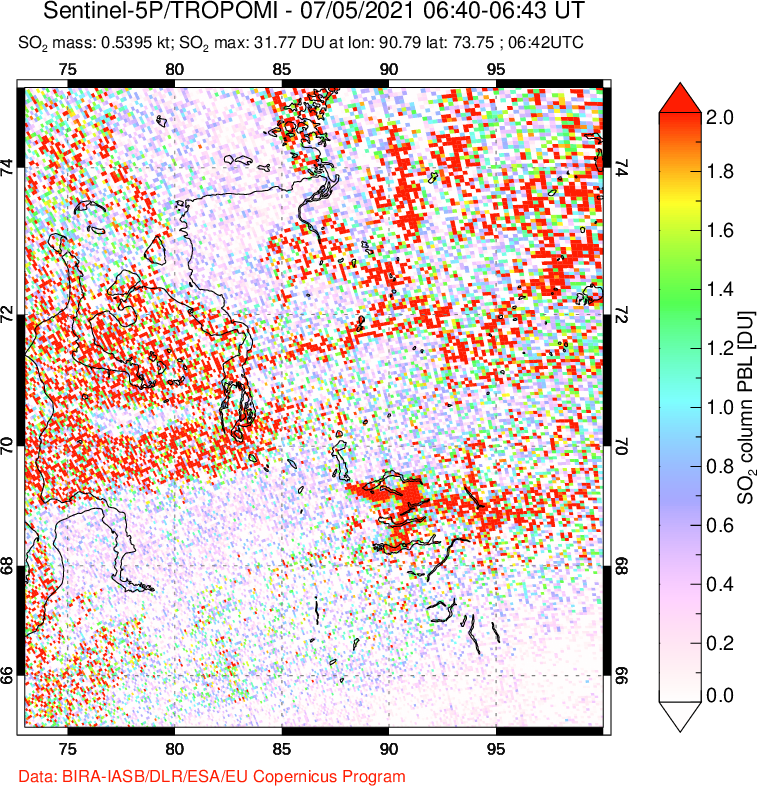 A sulfur dioxide image over Norilsk, Russian Federation on Jul 05, 2021.