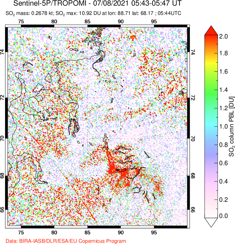 A sulfur dioxide image over Norilsk, Russian Federation on Jul 08, 2021.