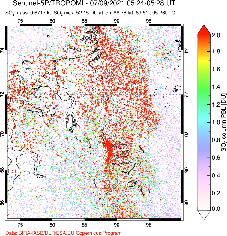A sulfur dioxide image over Norilsk, Russian Federation on Jul 09, 2021.