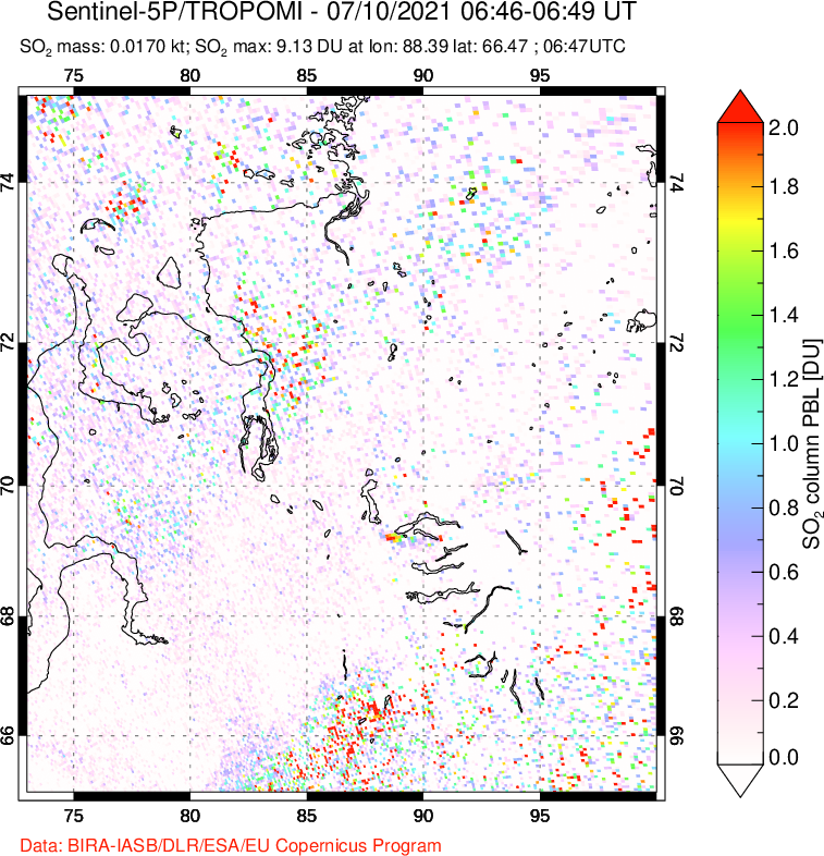 A sulfur dioxide image over Norilsk, Russian Federation on Jul 10, 2021.