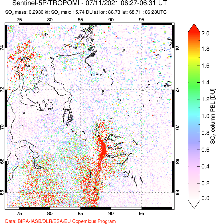 A sulfur dioxide image over Norilsk, Russian Federation on Jul 11, 2021.
