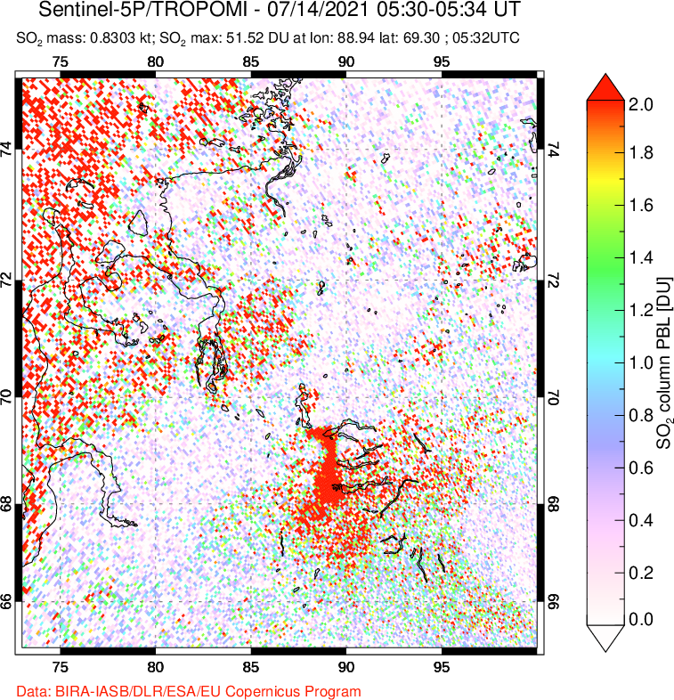 A sulfur dioxide image over Norilsk, Russian Federation on Jul 14, 2021.