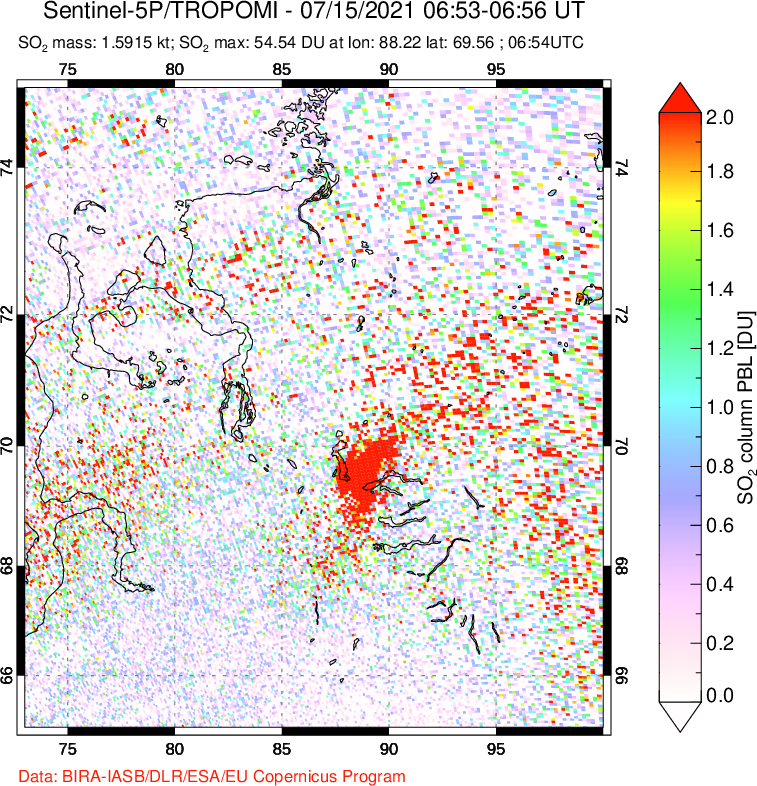 A sulfur dioxide image over Norilsk, Russian Federation on Jul 15, 2021.