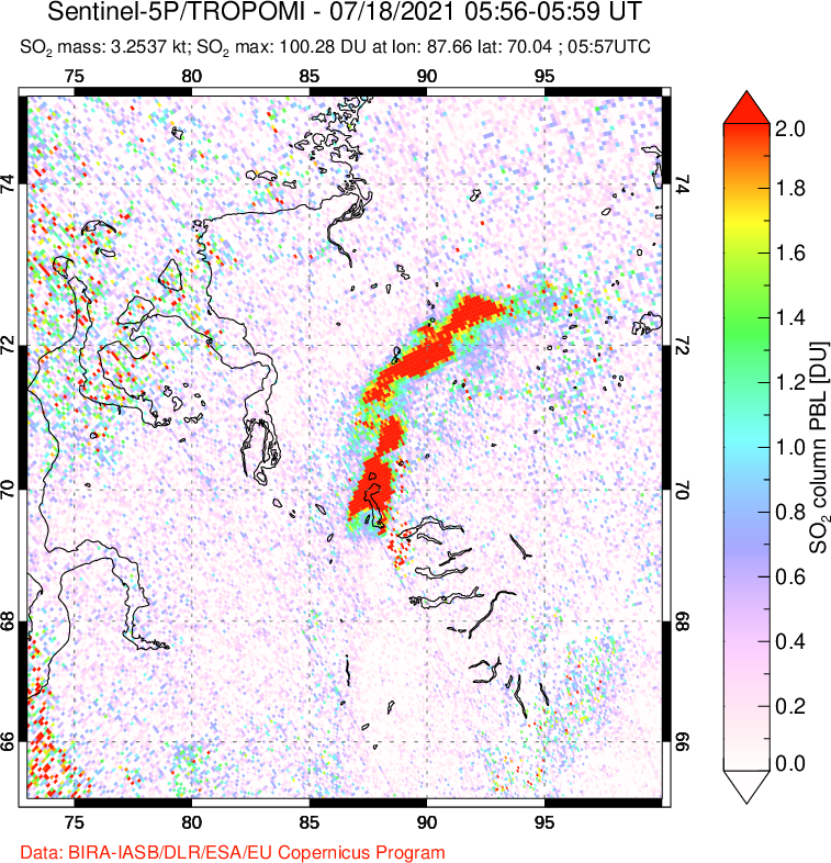 A sulfur dioxide image over Norilsk, Russian Federation on Jul 18, 2021.