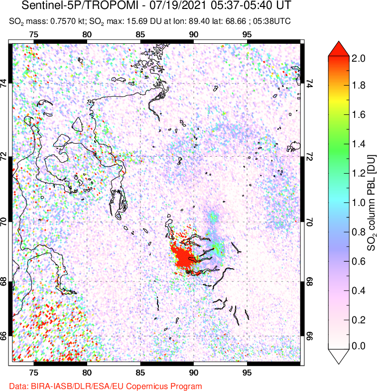 A sulfur dioxide image over Norilsk, Russian Federation on Jul 19, 2021.