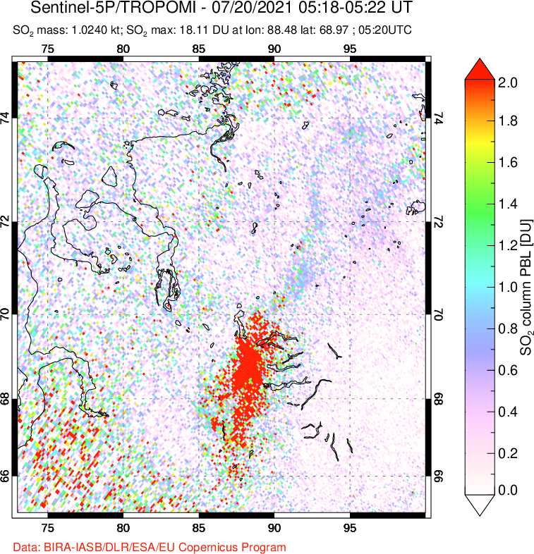 A sulfur dioxide image over Norilsk, Russian Federation on Jul 20, 2021.