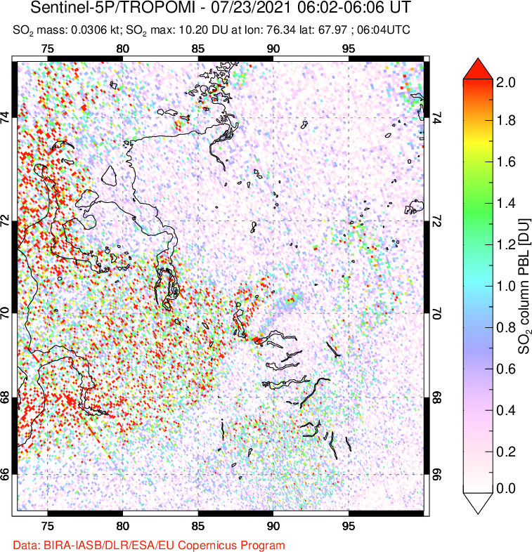 A sulfur dioxide image over Norilsk, Russian Federation on Jul 23, 2021.
