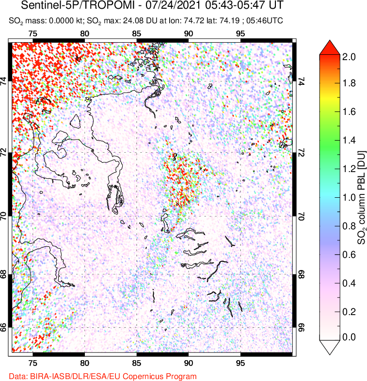 A sulfur dioxide image over Norilsk, Russian Federation on Jul 24, 2021.
