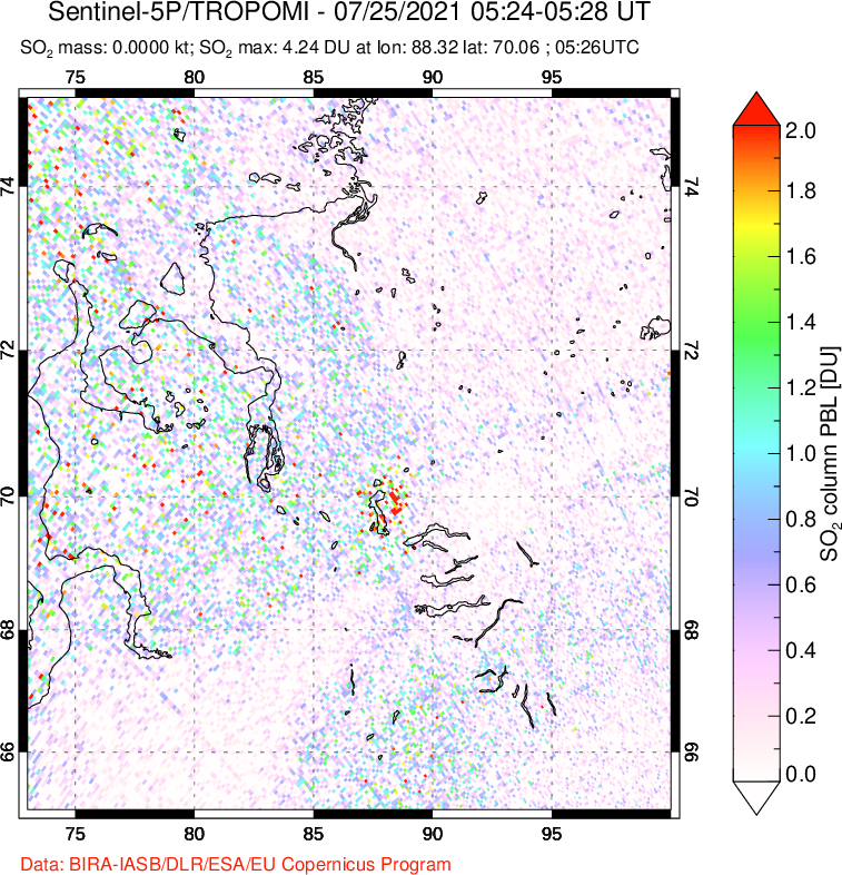 A sulfur dioxide image over Norilsk, Russian Federation on Jul 25, 2021.
