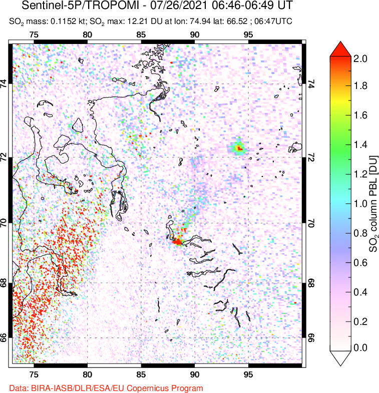 A sulfur dioxide image over Norilsk, Russian Federation on Jul 26, 2021.