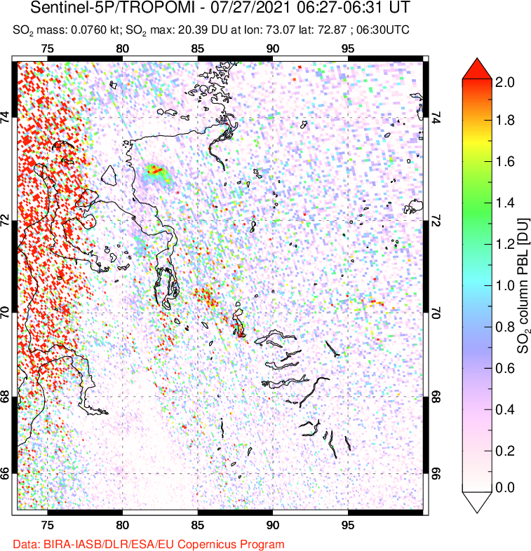 A sulfur dioxide image over Norilsk, Russian Federation on Jul 27, 2021.