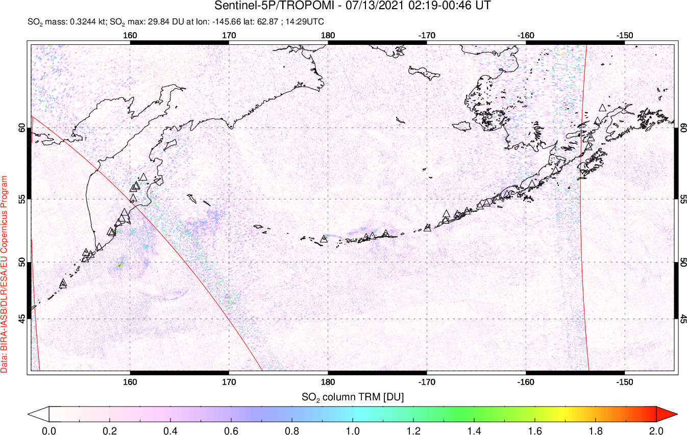 A sulfur dioxide image over North Pacific on Jul 13, 2021.