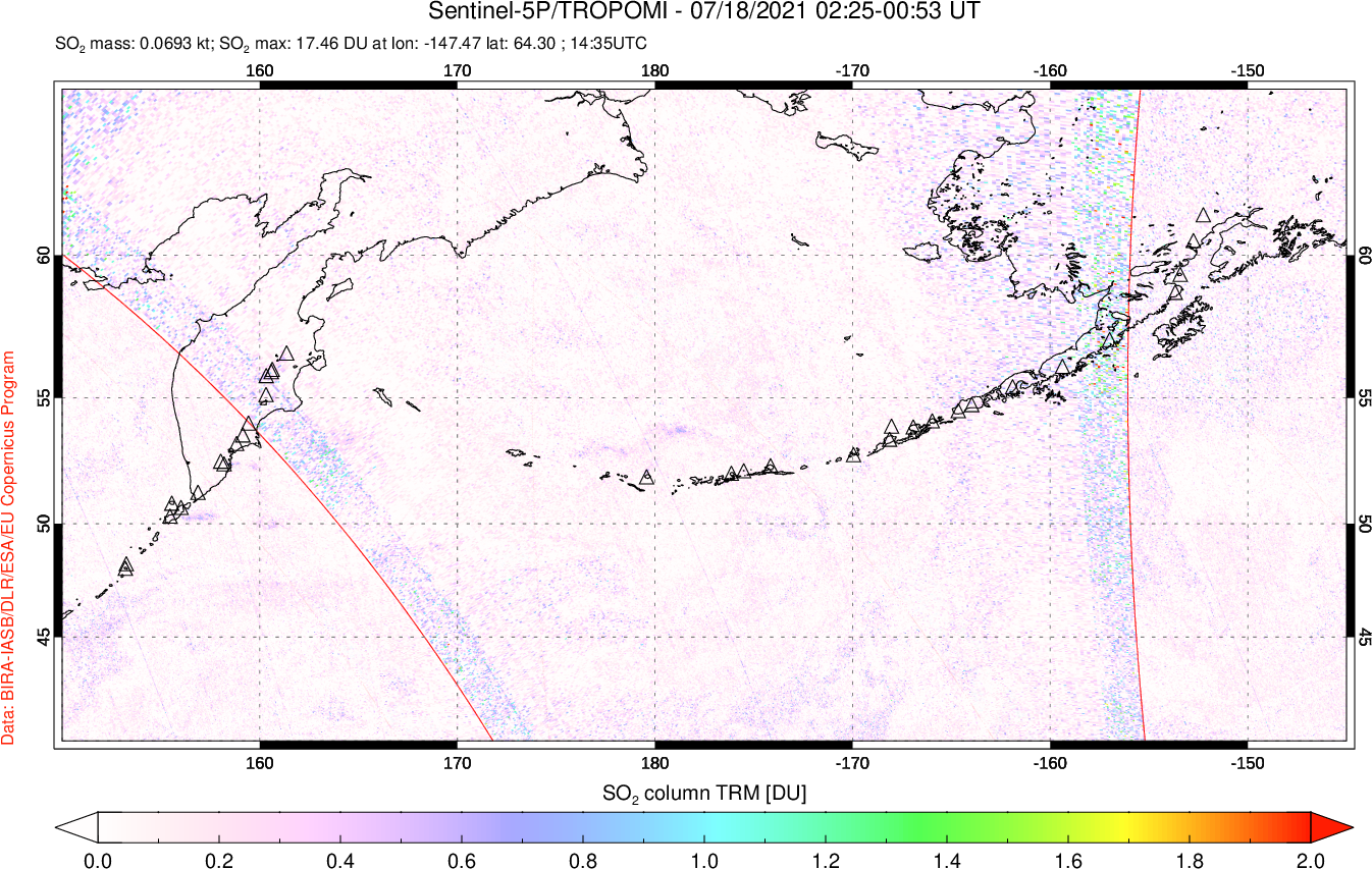 A sulfur dioxide image over North Pacific on Jul 18, 2021.