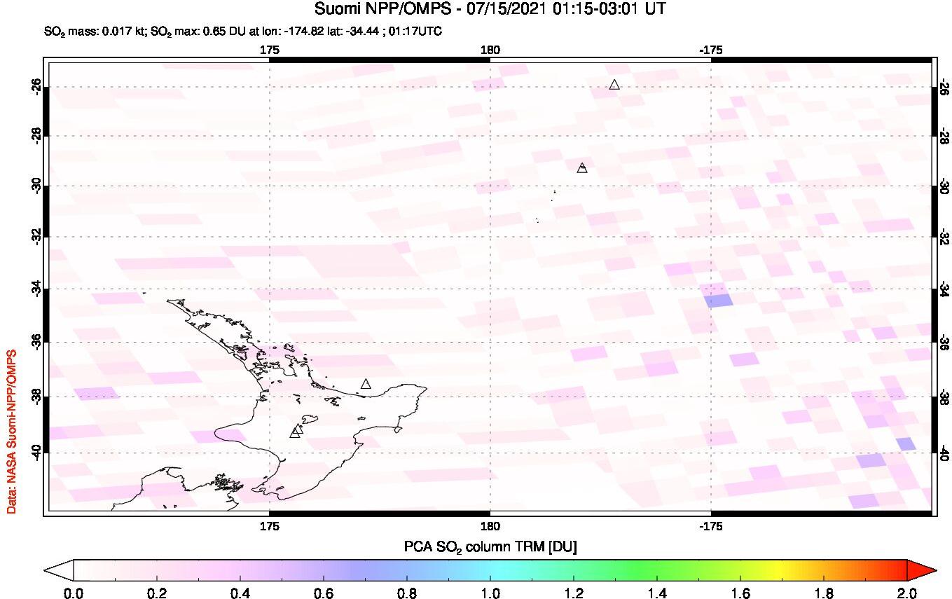A sulfur dioxide image over New Zealand on Jul 15, 2021.