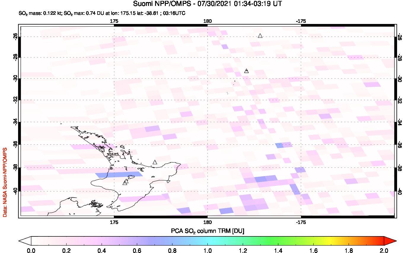 A sulfur dioxide image over New Zealand on Jul 30, 2021.