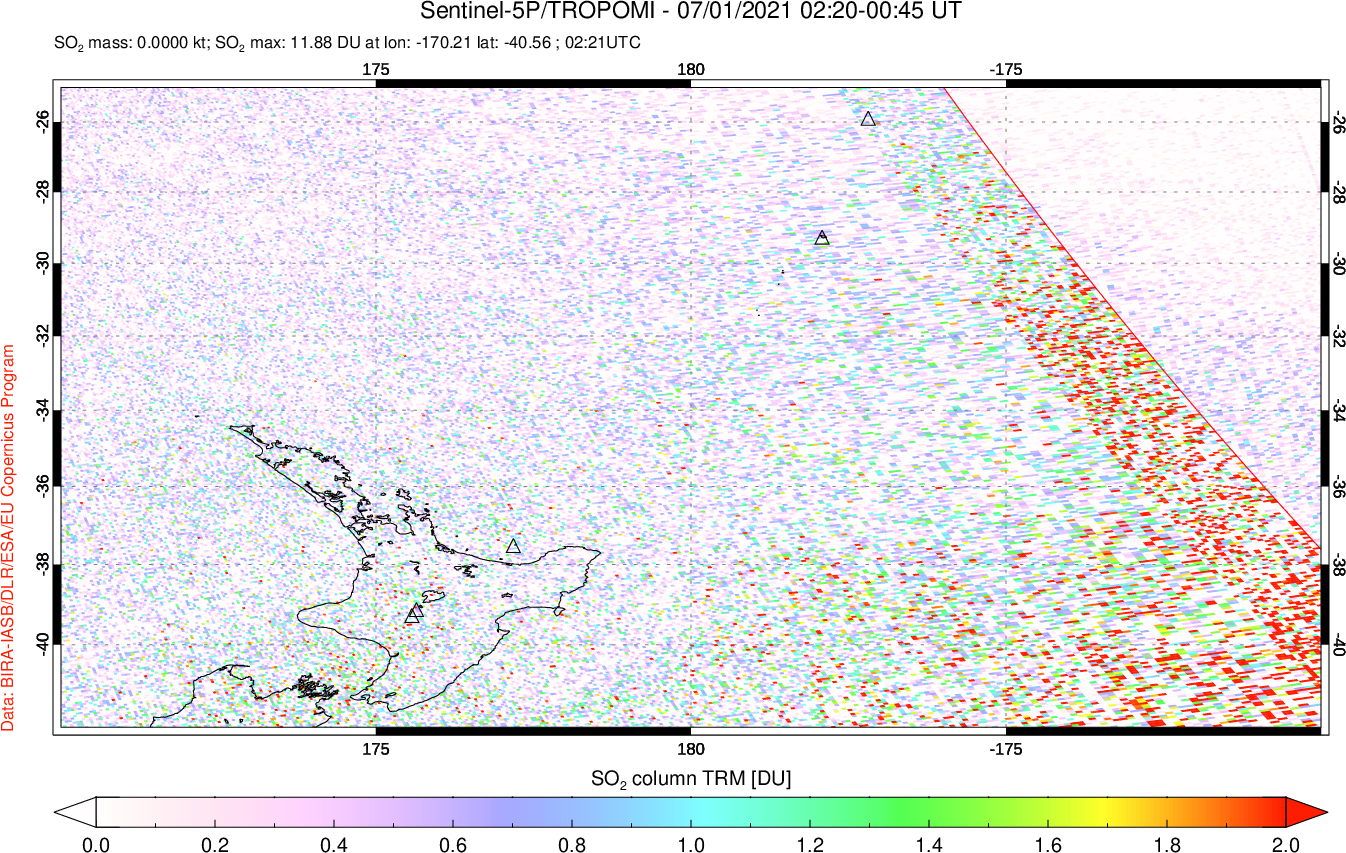 A sulfur dioxide image over New Zealand on Jul 01, 2021.
