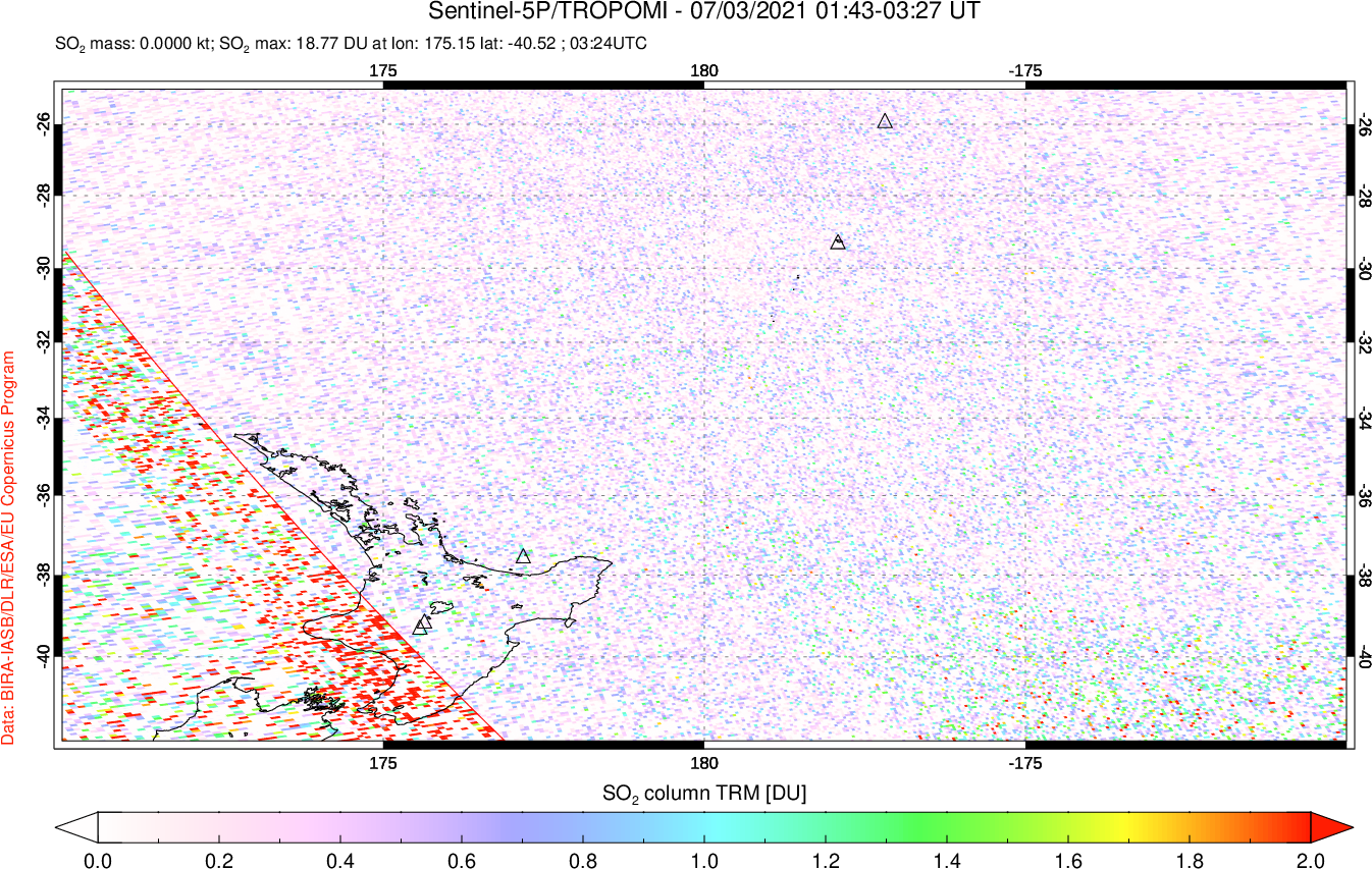 A sulfur dioxide image over New Zealand on Jul 03, 2021.