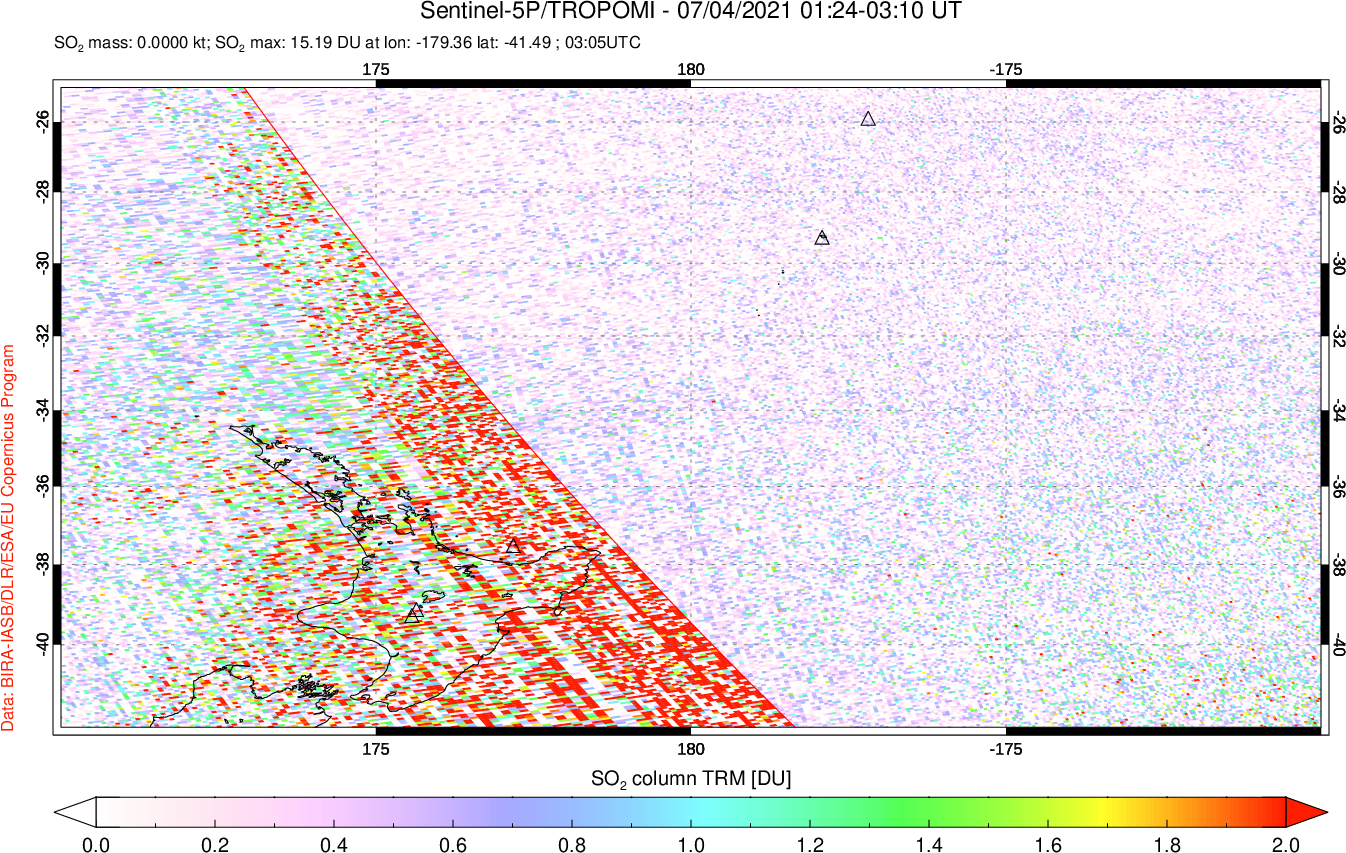 A sulfur dioxide image over New Zealand on Jul 04, 2021.