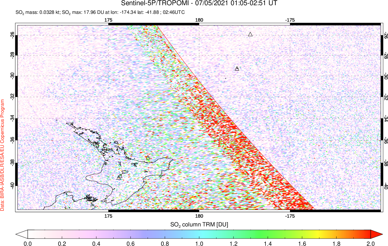 A sulfur dioxide image over New Zealand on Jul 05, 2021.