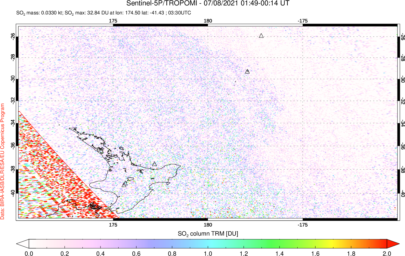 A sulfur dioxide image over New Zealand on Jul 08, 2021.