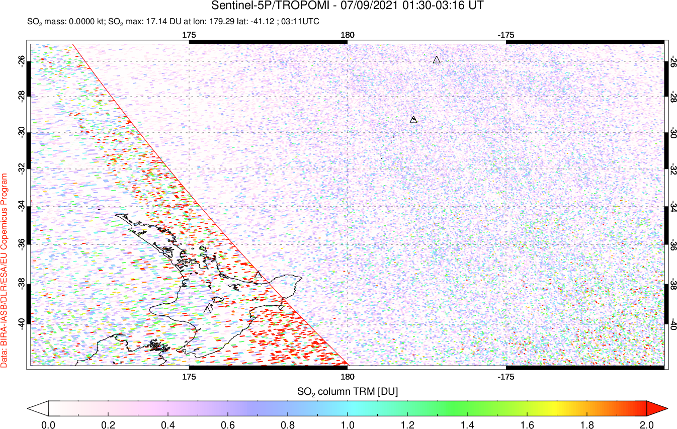 A sulfur dioxide image over New Zealand on Jul 09, 2021.