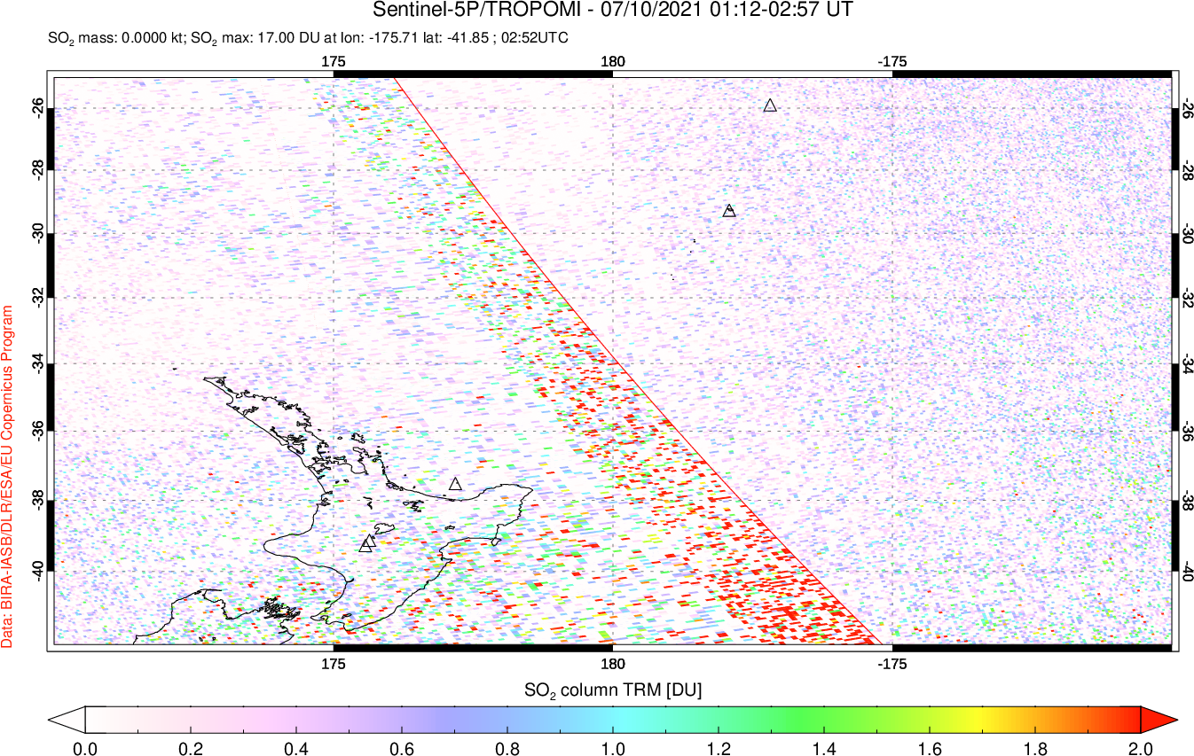 A sulfur dioxide image over New Zealand on Jul 10, 2021.