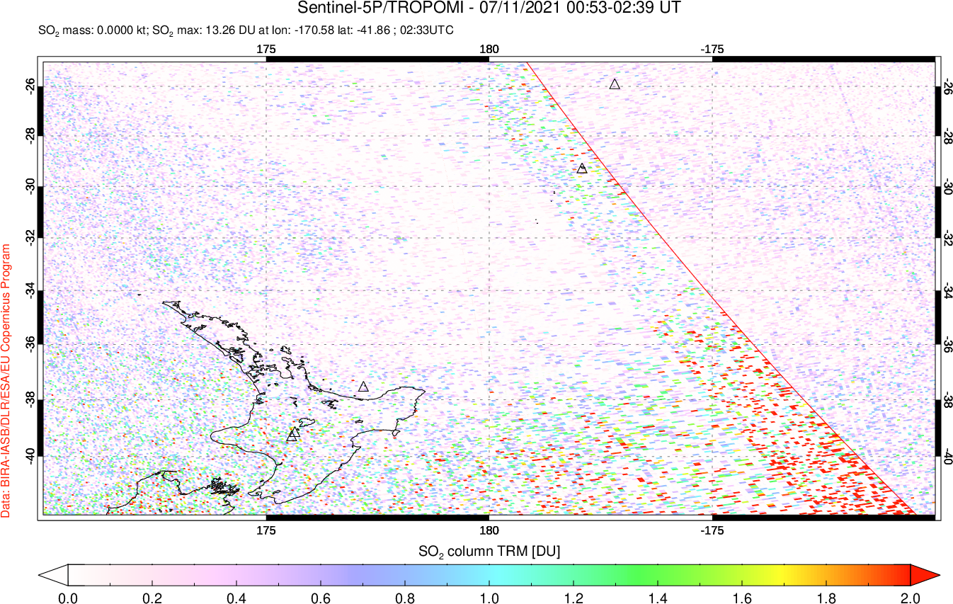 A sulfur dioxide image over New Zealand on Jul 11, 2021.