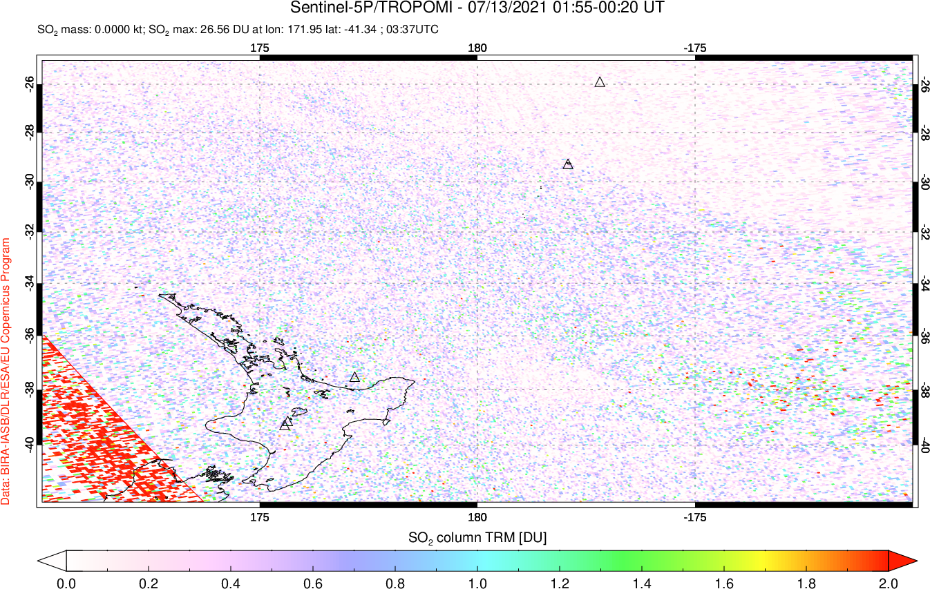 A sulfur dioxide image over New Zealand on Jul 13, 2021.