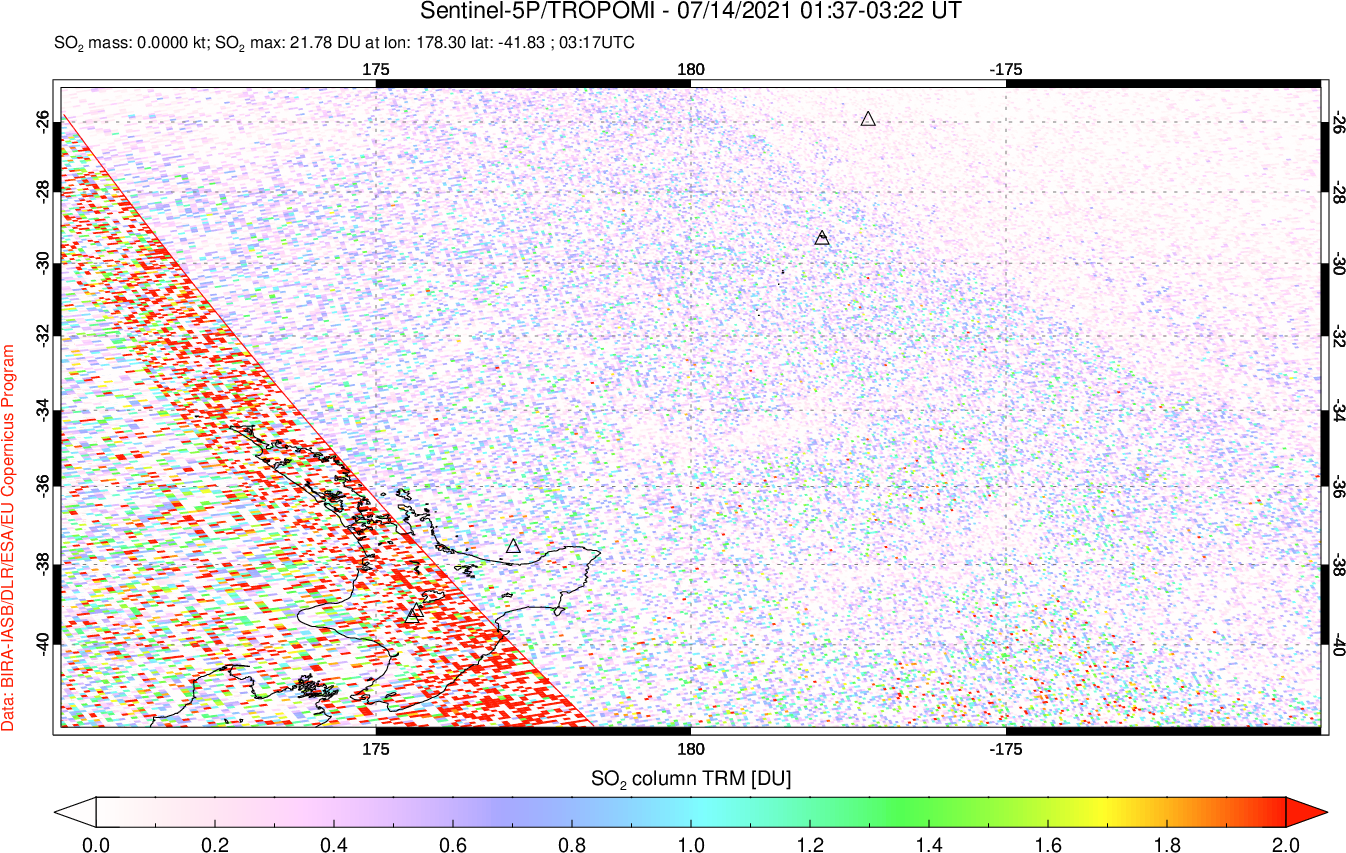 A sulfur dioxide image over New Zealand on Jul 14, 2021.