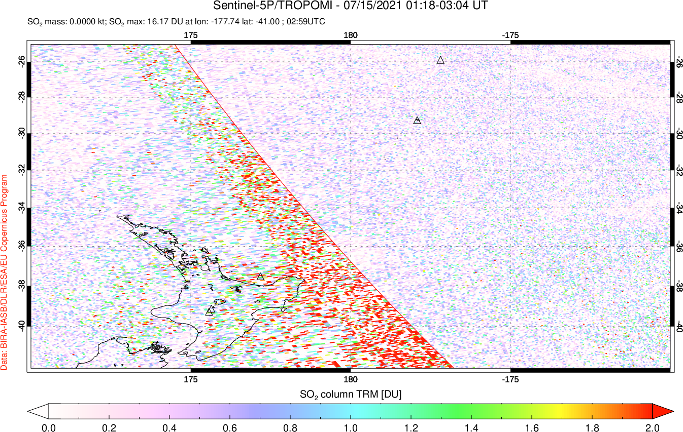 A sulfur dioxide image over New Zealand on Jul 15, 2021.
