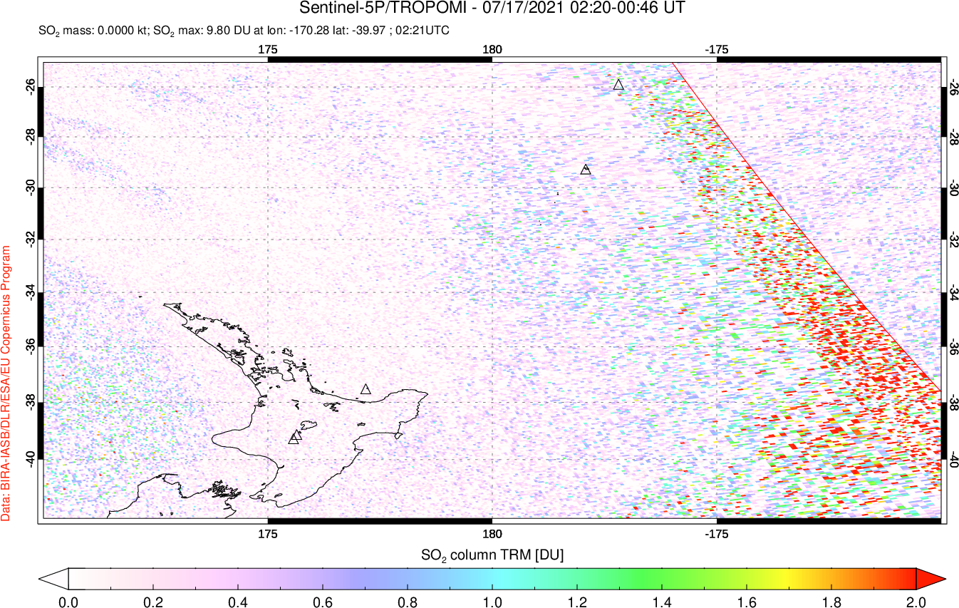 A sulfur dioxide image over New Zealand on Jul 17, 2021.