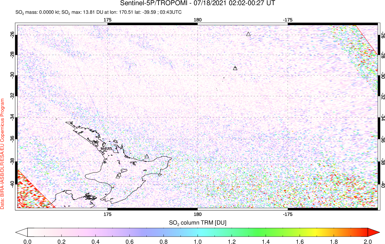 A sulfur dioxide image over New Zealand on Jul 18, 2021.