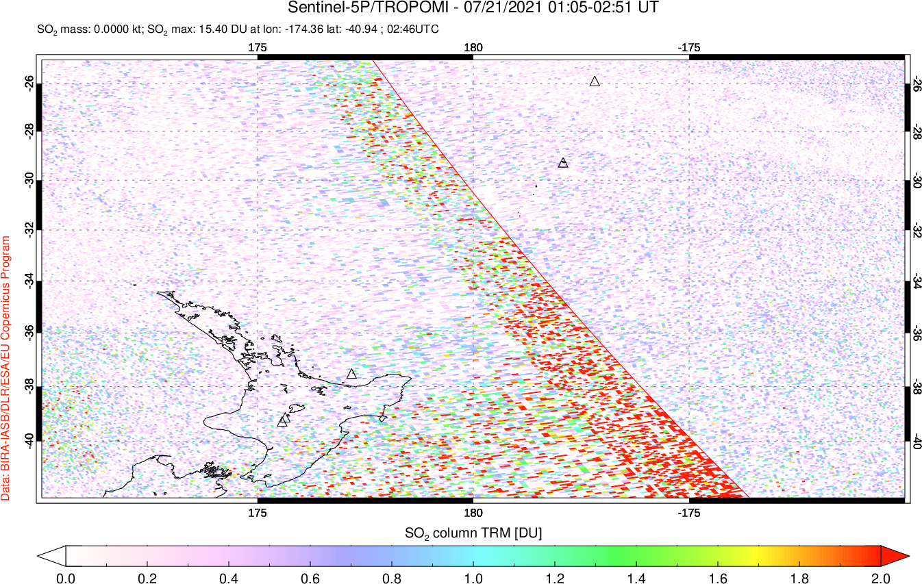 A sulfur dioxide image over New Zealand on Jul 21, 2021.