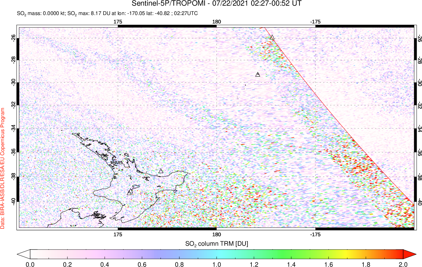 A sulfur dioxide image over New Zealand on Jul 22, 2021.