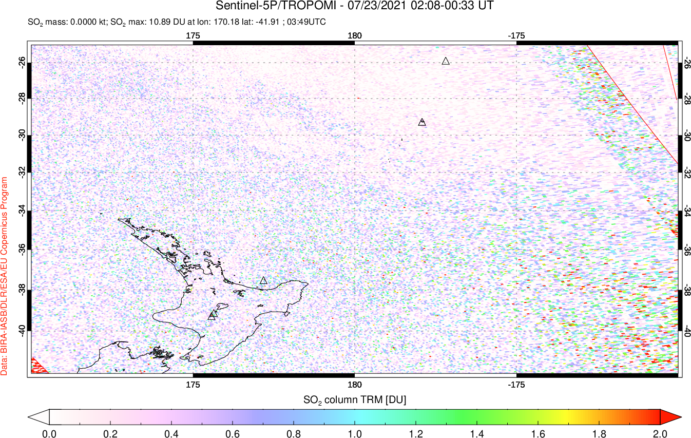 A sulfur dioxide image over New Zealand on Jul 23, 2021.