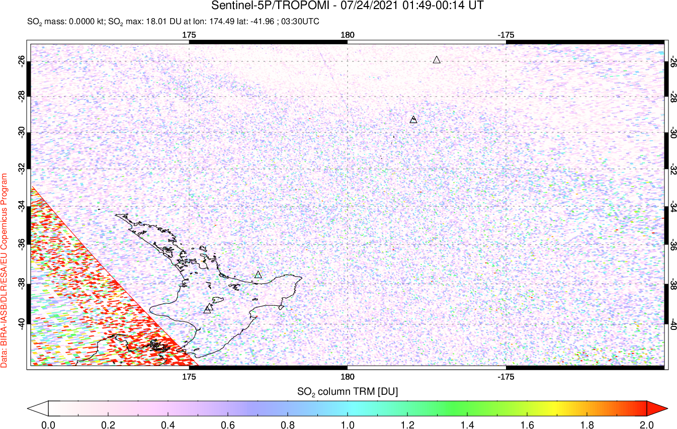 A sulfur dioxide image over New Zealand on Jul 24, 2021.