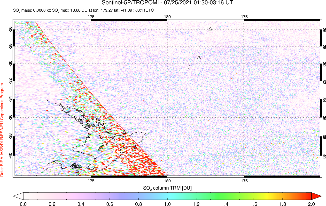 A sulfur dioxide image over New Zealand on Jul 25, 2021.