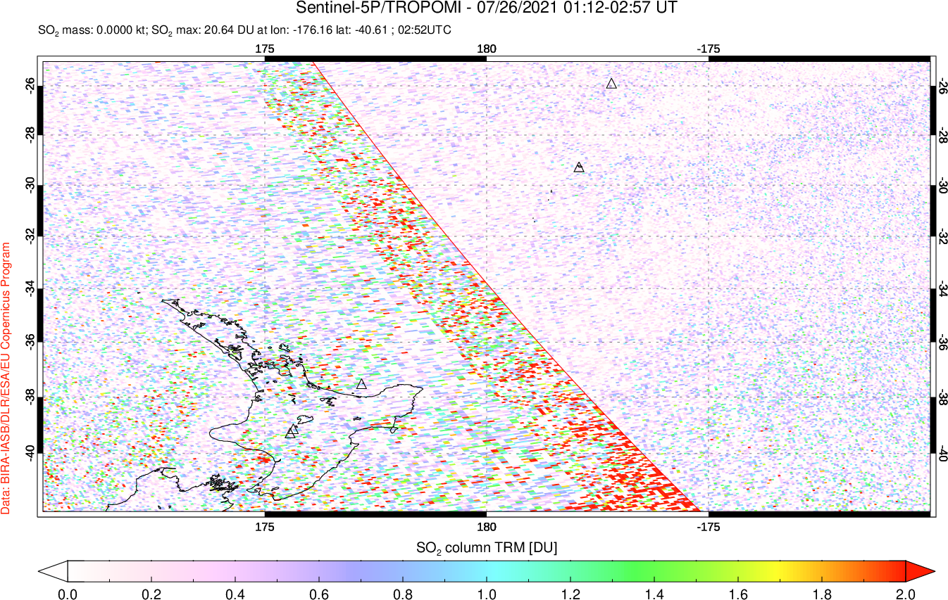 A sulfur dioxide image over New Zealand on Jul 26, 2021.