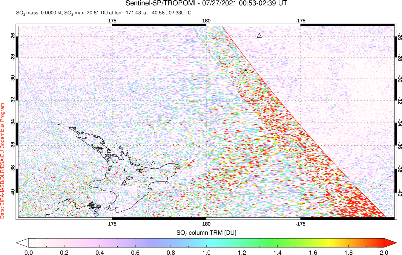 A sulfur dioxide image over New Zealand on Jul 27, 2021.
