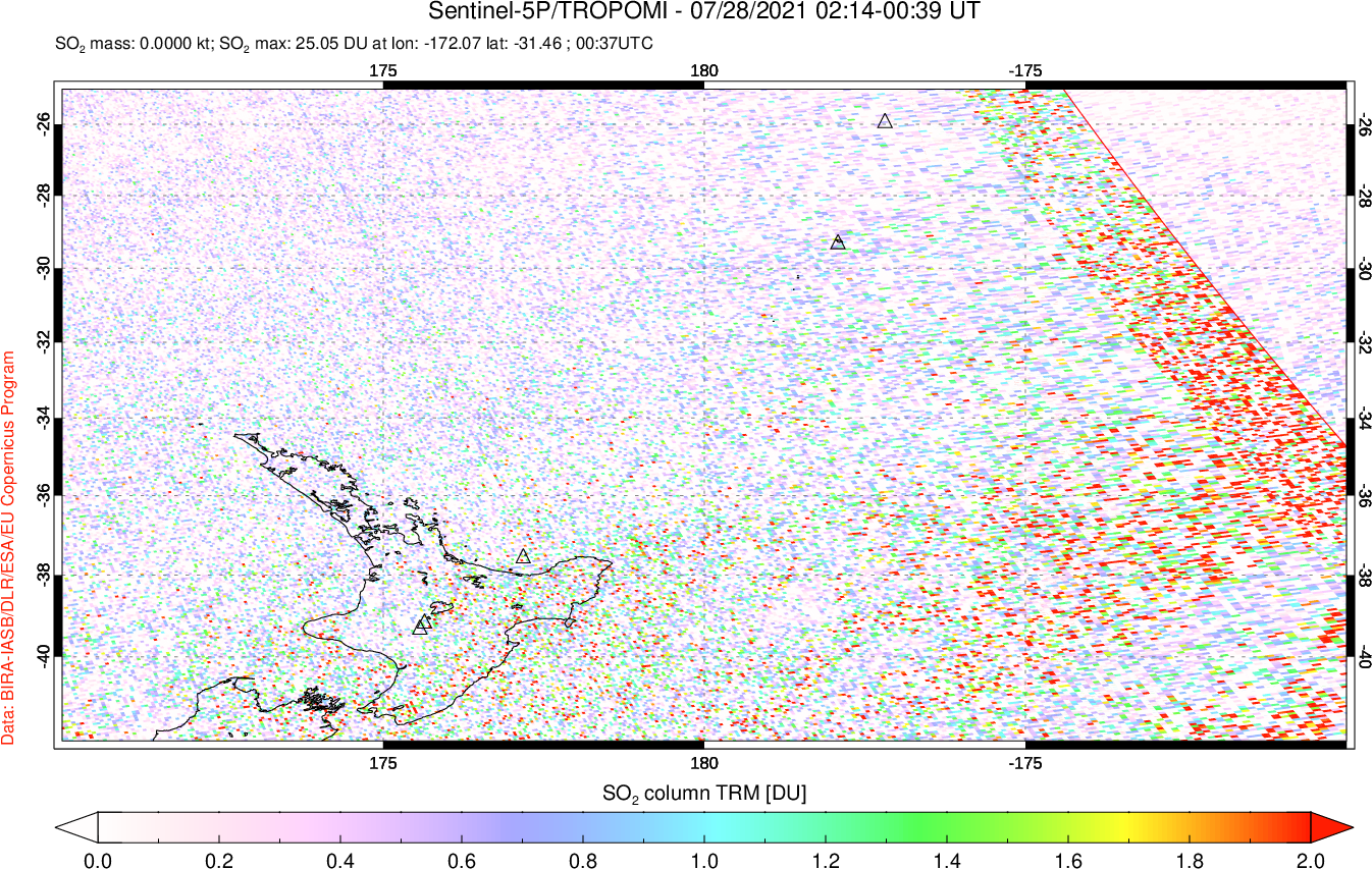 A sulfur dioxide image over New Zealand on Jul 28, 2021.
