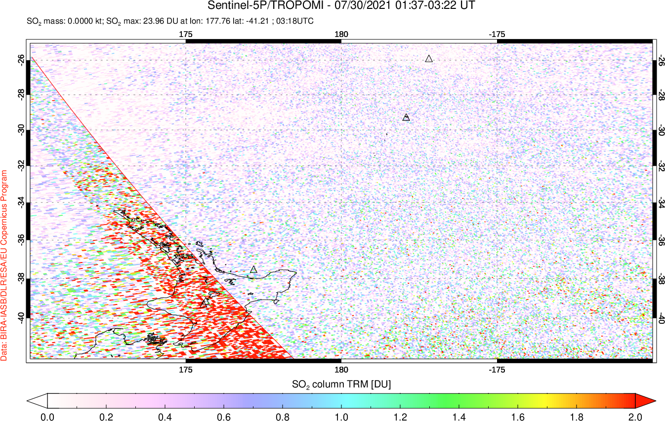 A sulfur dioxide image over New Zealand on Jul 30, 2021.