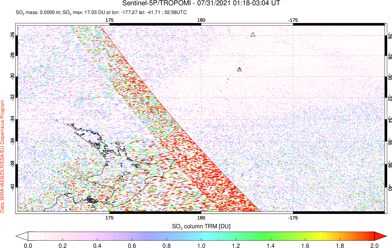 A sulfur dioxide image over New Zealand on Jul 31, 2021.